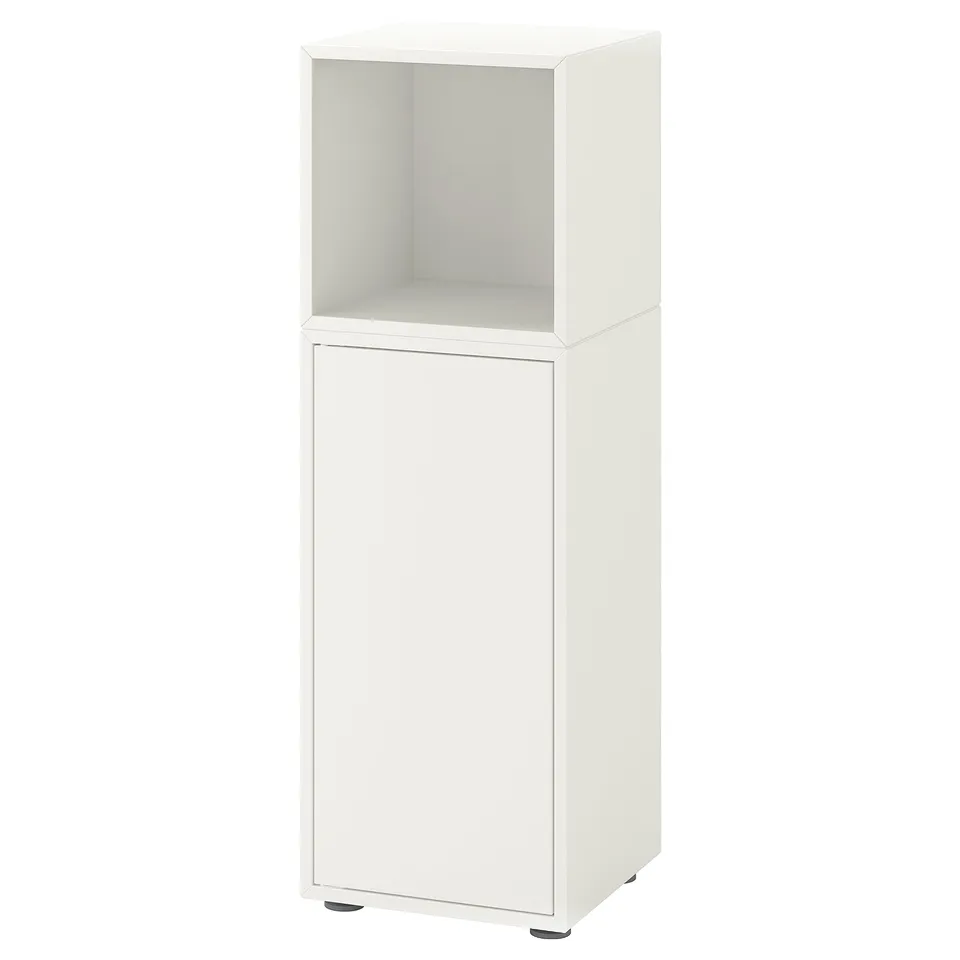 A white EKET cabinet with one open shelf and one closed door.