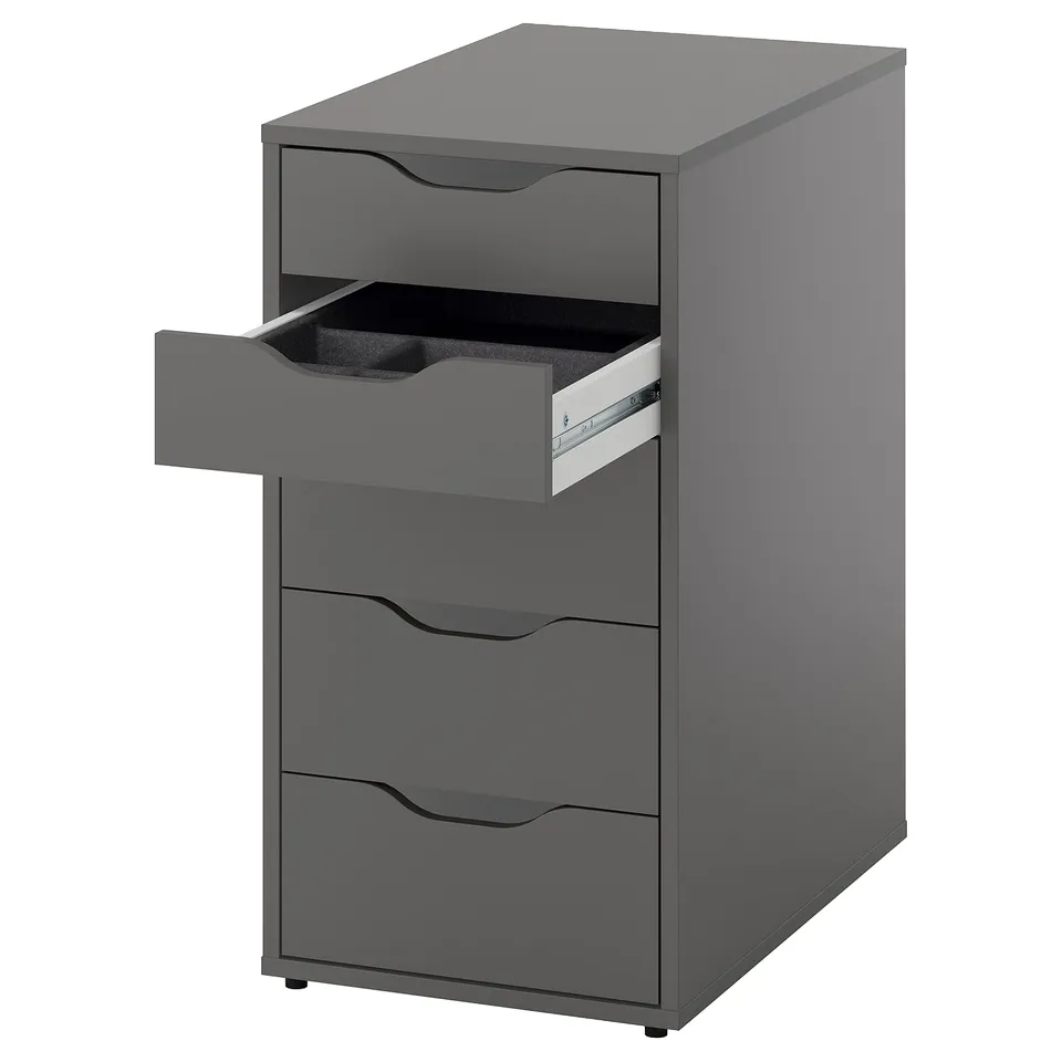 Grey ALEX drawer unit, three drawers, sleek design, particleboard material.
