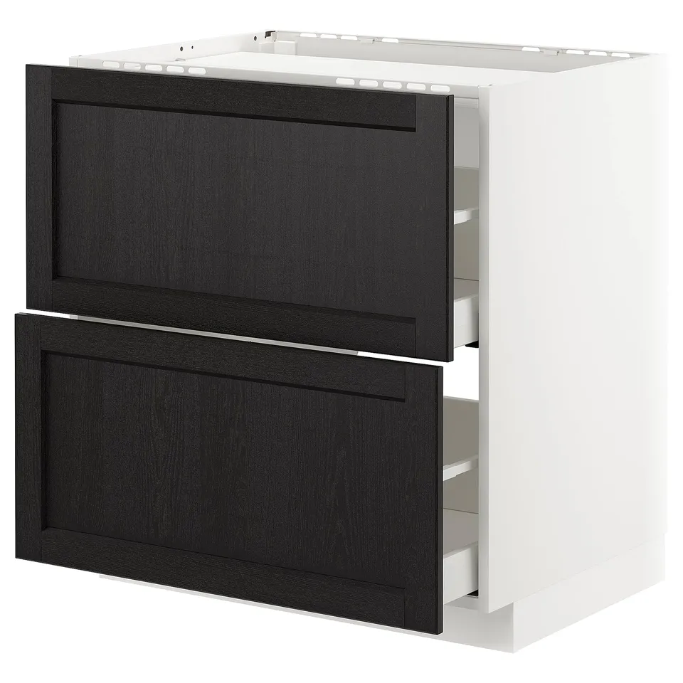 A white METOD kitchen cabinet with black-stained ash drawers and bevelled edges.