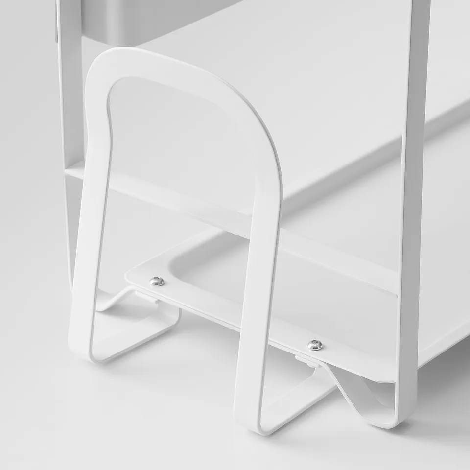 Modern white 2-tier kitchen organiser with sturdy metal frame and anti-slip feet. Ideal for spices, jars, and knives.