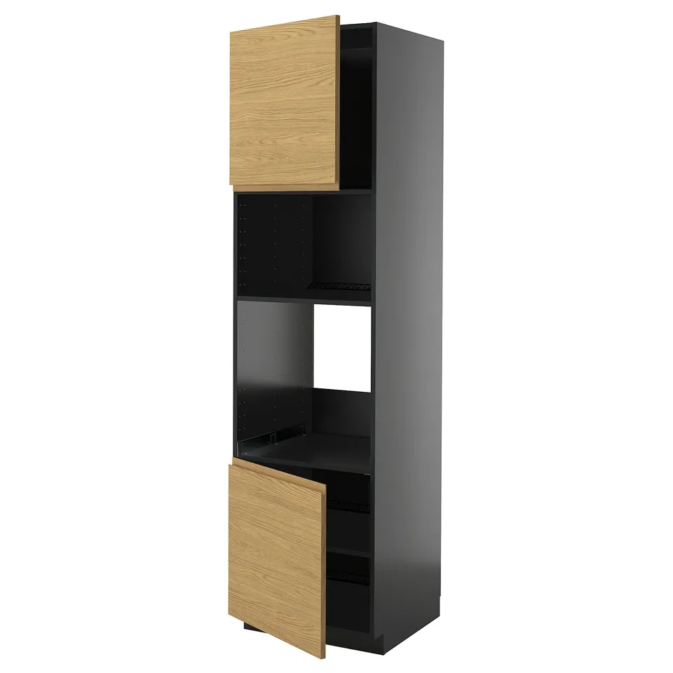 A tall, dark grey kitchen cabinet with a wooden top door and bottom drawer, featuring a modern design.