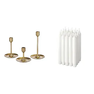 FULLTALIG/JUBLA set: candlestick, set of 3 + unscented chandelier candle, brass-colour + white