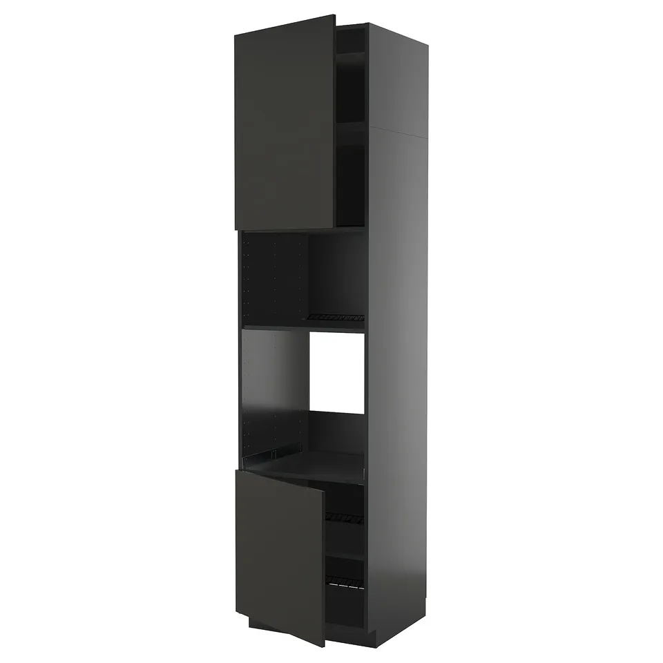 METOD tall black kitchen unit, sleek design, adjustable shelves, modern mix of materials.