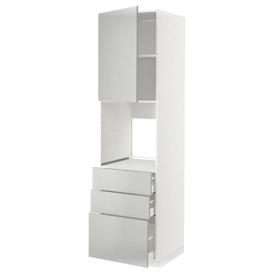 A white METOD kitchen unit with grey drawers and a cabinet. Modern, clean design with drawn-out drawers and large storage space.