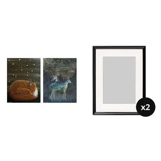 BILD/KNOPPÄNG set: poster + frame x2, sleeping by lights of the night + black, Width 30 x Height 40 cm