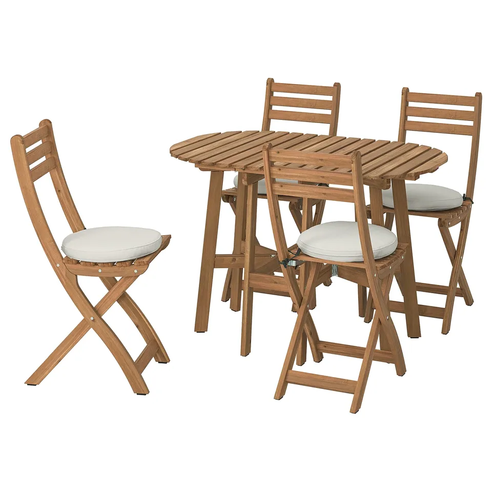 Wooden outdoor dining set: light brown acacia table & 4 chairs, cushioned seats, foldable.