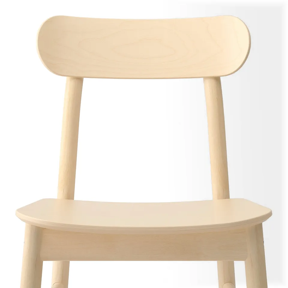 Light wooden chair with smooth, curved back & seat, simple & sturdy design.