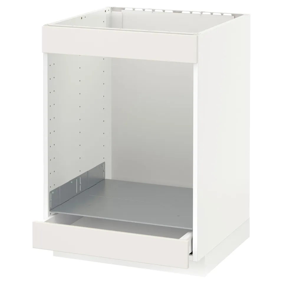 A white METOD kitchen cabinet with open shelves and a drawer. Its part of the veddinge collection.