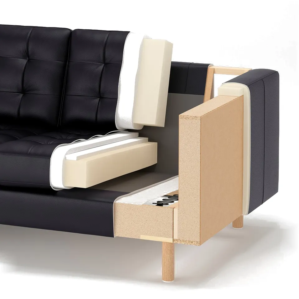 Exploded sofa view: foam, felt, fabric, wood, steel.