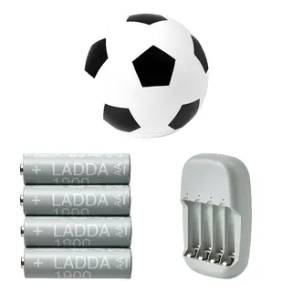 LADDA/STENKOL/ÄNGARNA set: LED table lamp + rechargeable battery + battery charger, football pattern + HR06 AA 1.2V, Height 17 cm