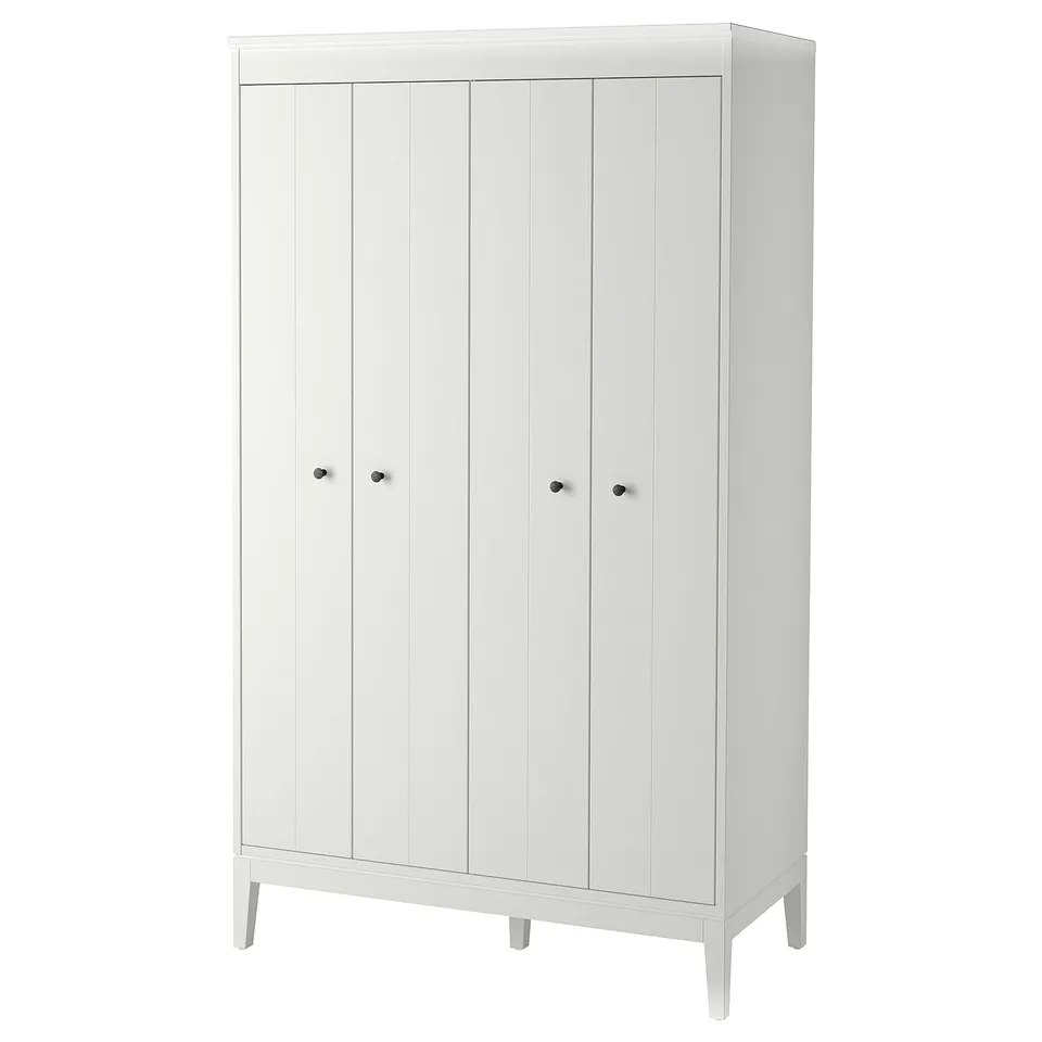 A white IDANÄS wardrobe with bifold doors and adjustable shelves for efficient storage.