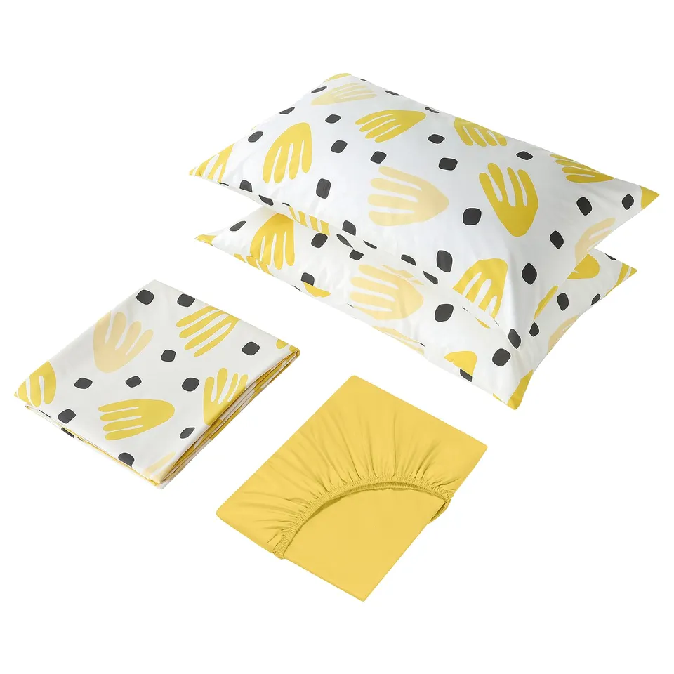 Three-piece bedding set: fitted sheet, pillowcases with hand prints, and flat sheet in white and yellow.