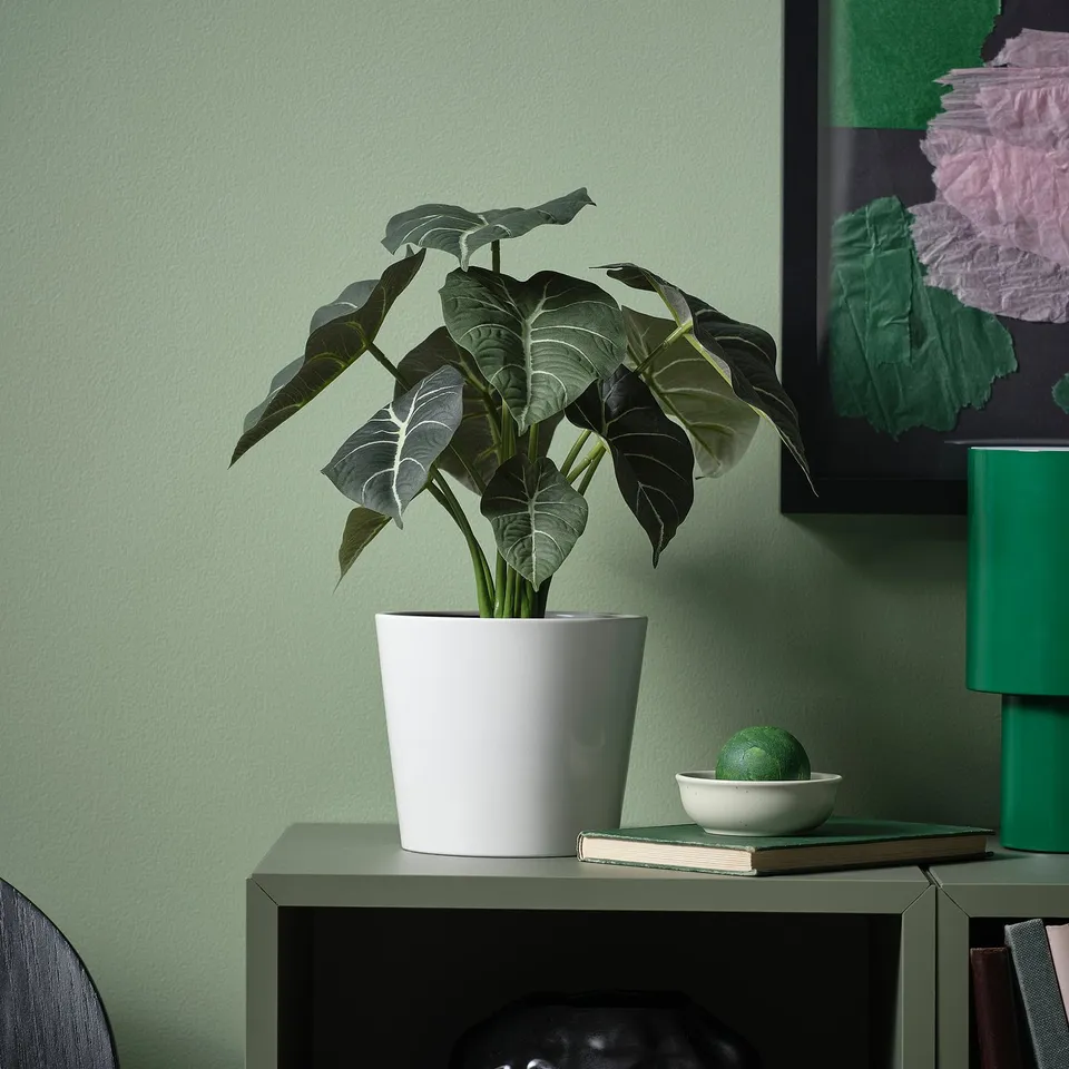 FEJKA white planter with green leaf plant, fits nicely on a green shelf next to a bowl & book. Eco-friendly.