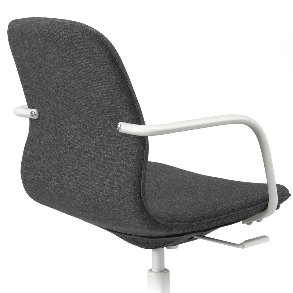 Modern office chair with dark grey upholstered seat and back, white armrests, and adjustable height.