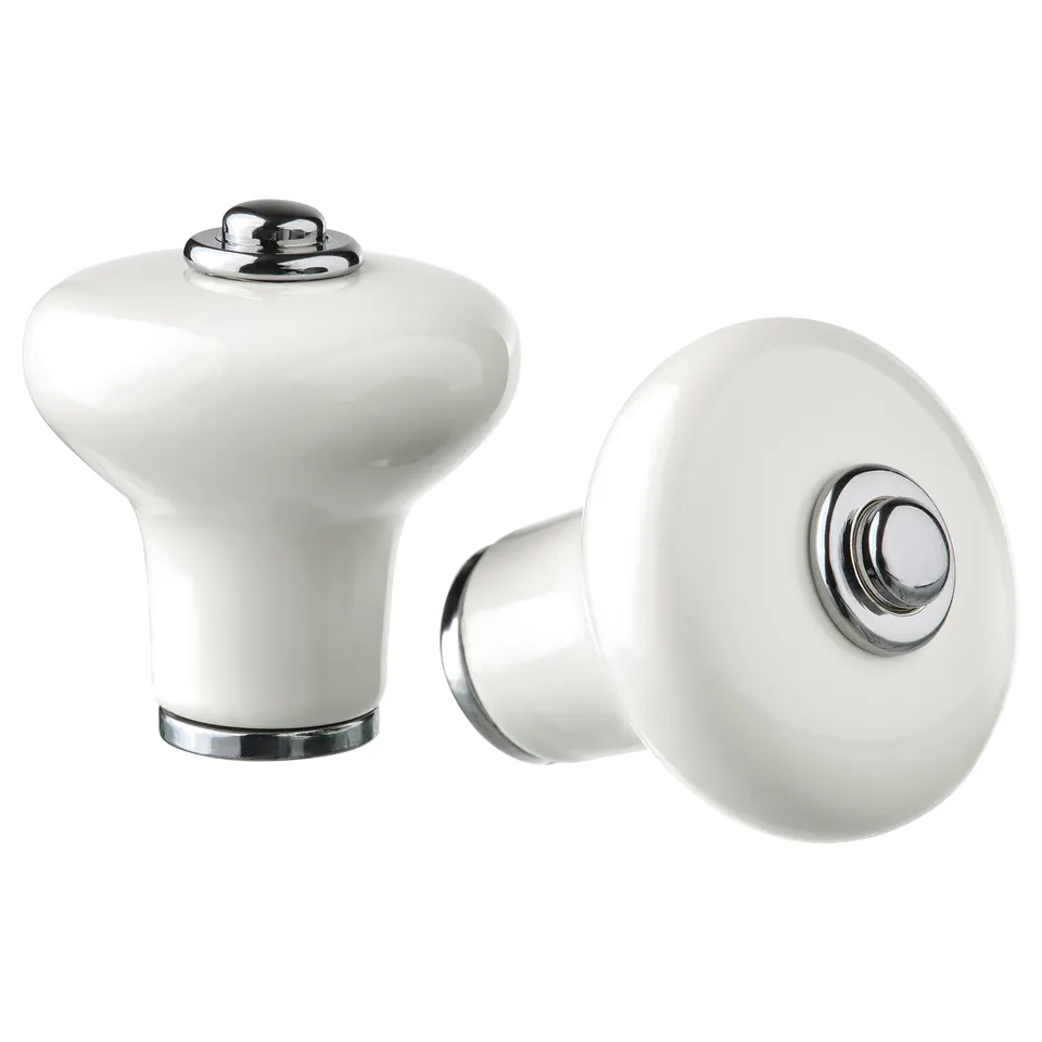KLINGSTORP white knobs, porcelain-look, rounded shape, chrome accents. Easy grip design for kitchen cabinets.