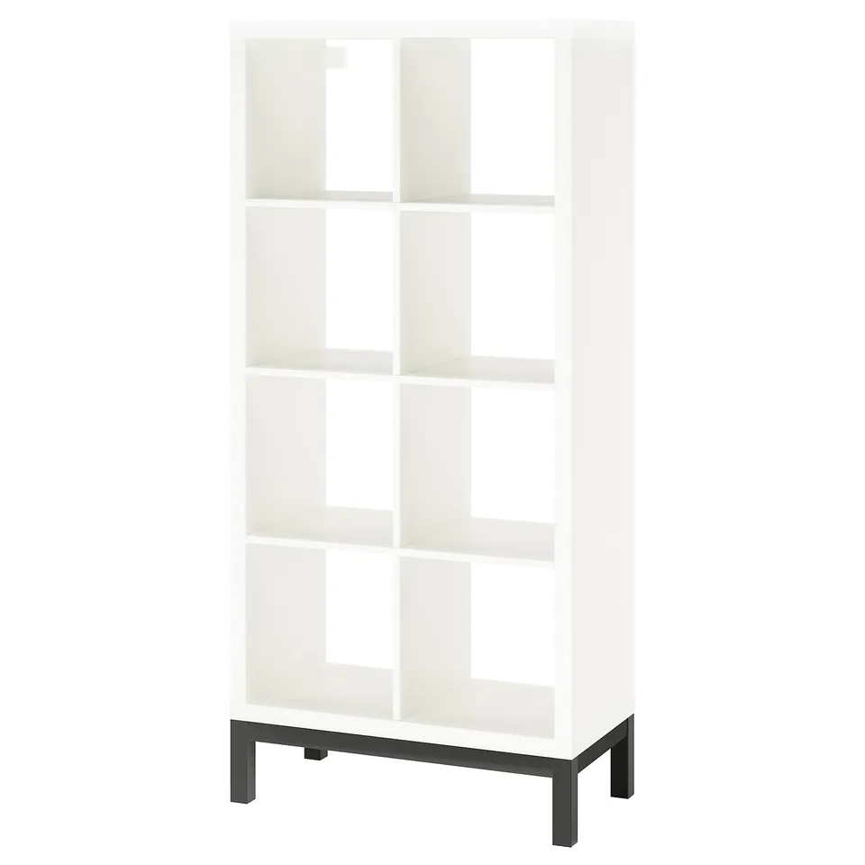 White KALLAX shelving unit, square, with black metal frame, modern design.
