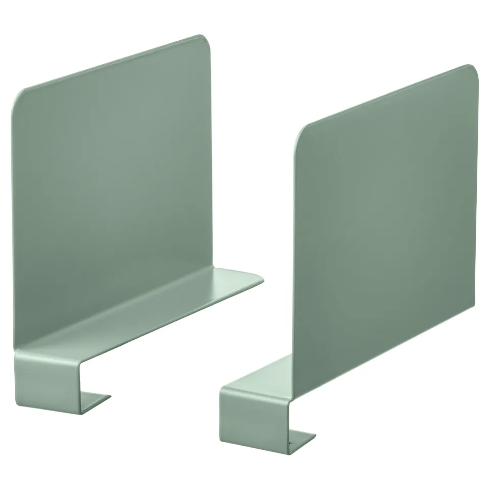 Two mint green metal bookends, angled, on a white background.