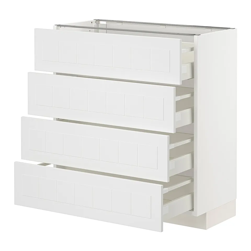 White METOD cabinet with four deep drawers, sleek and modern design.