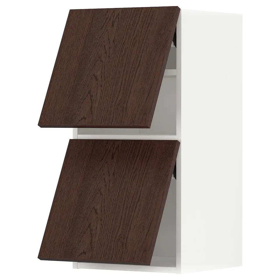 METOD kitchen storage: two white cabinets with dark wood grain and solid wood edging.
