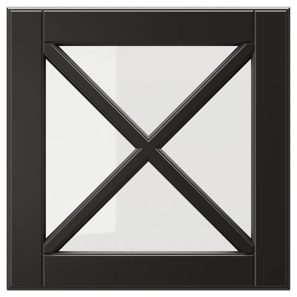 Black framed glass door with bevelled edges, featuring an x design in a square shape.
