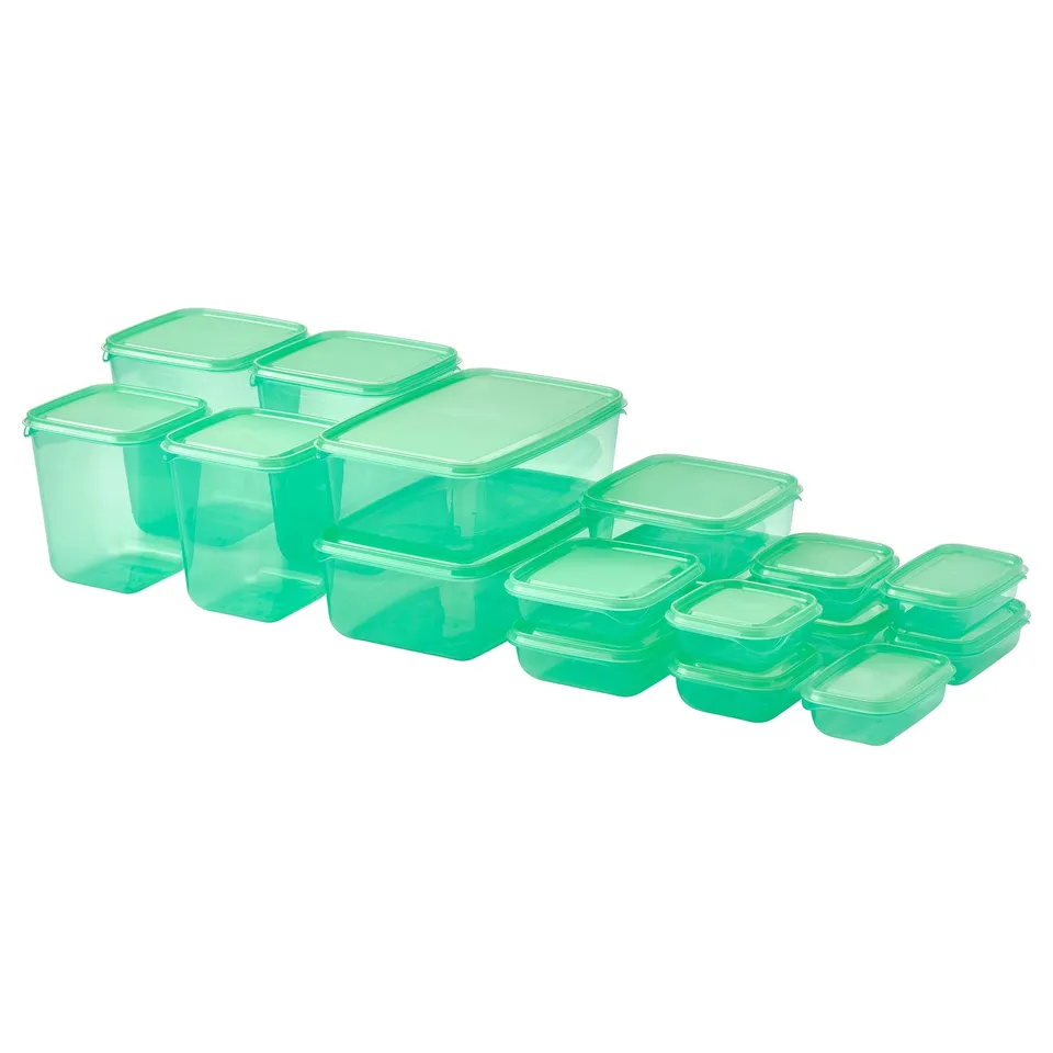 PRUTA container set, green; 17 pieces; square shape; stackable; polypropylene plastic.
