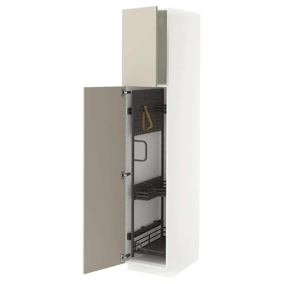 Beige METOD kitchen cabinet open, white interior, adjustable shelves.