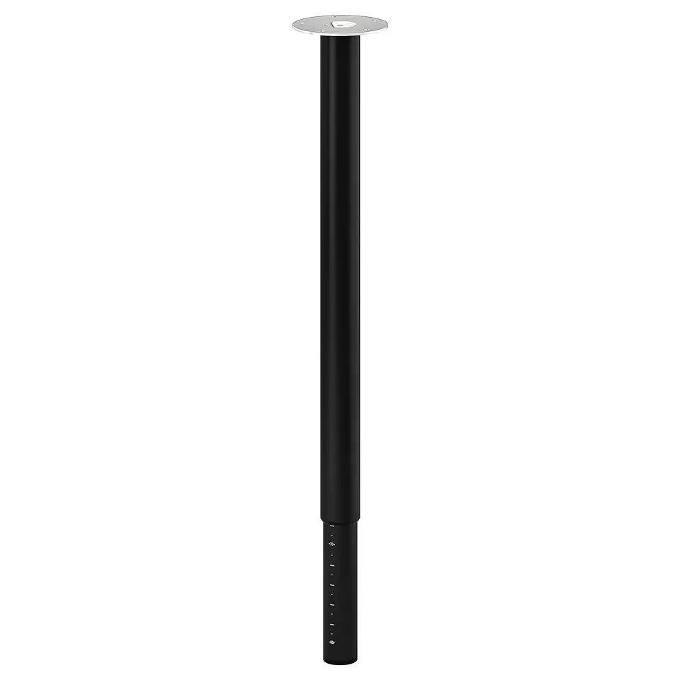 Black adjustable table leg, sleek and cylindrical, height adjustable up to 90cm, steel top plate.