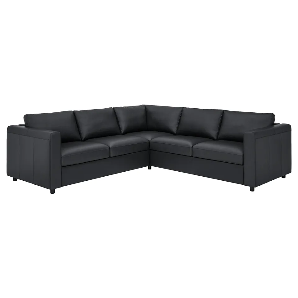 Modern, black VIMLE l-shape sofa with clean lines, smooth grain leather, and cushioned seats.