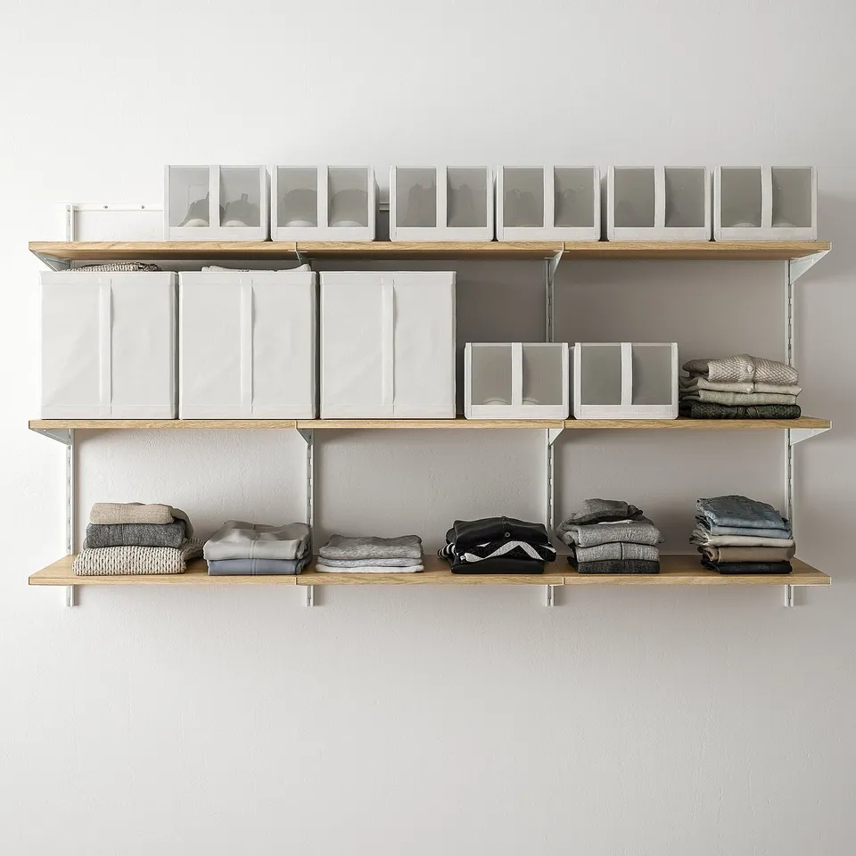 Wall-mounted closet with foldable clothes, modular storage units, and adjustable shelves.