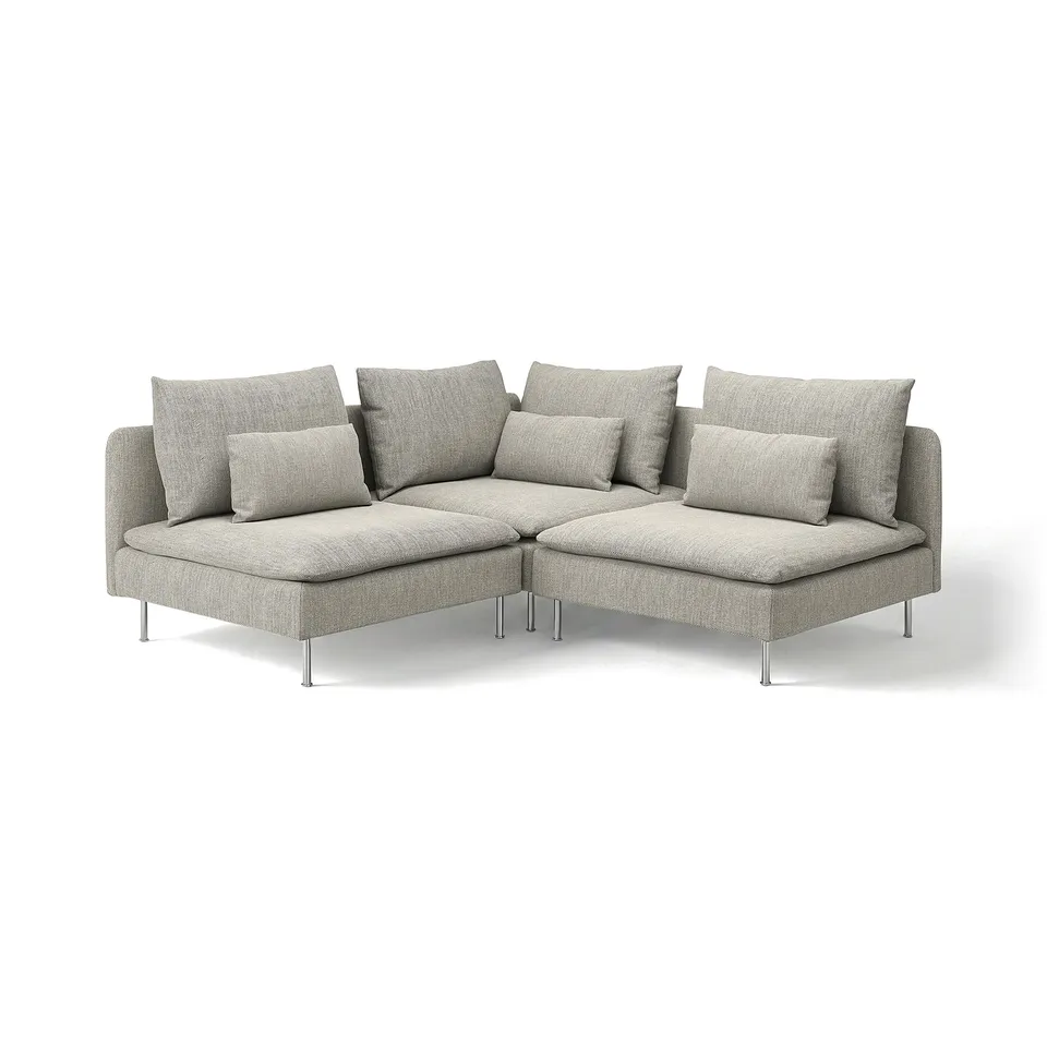 Modern grey corner sofa, SÖDERHAMN, with deep seats, loose cushions, slim lines, and high legs.