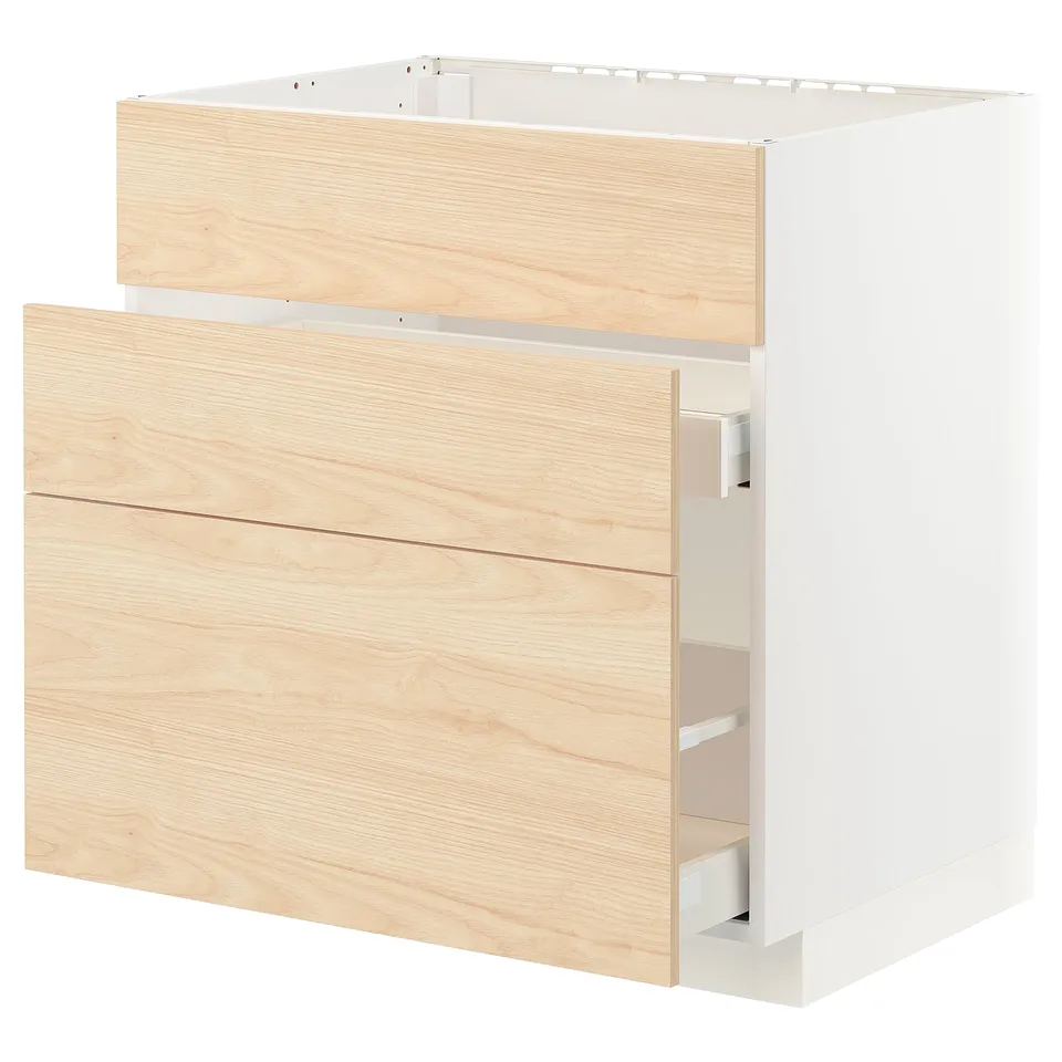 Light wood-patterned kitchen cabinet with drawer, modern design.