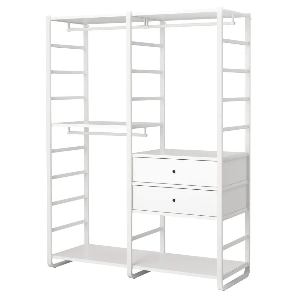 Its a white ELVARLI storage system, featuring open shelves and drawers, made of steel and aluminium, in a modern and minimalist design.