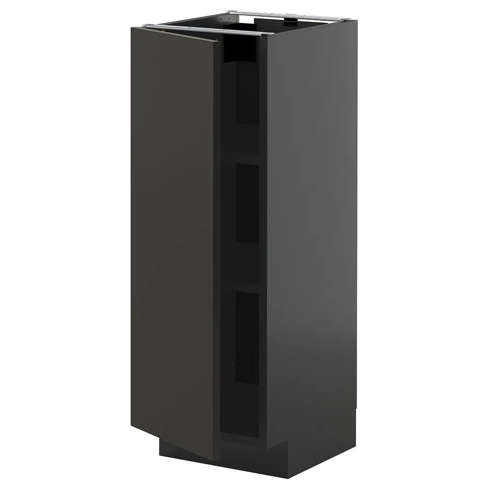 Black, modern kitchen cabinet with sleek, minimalist design.