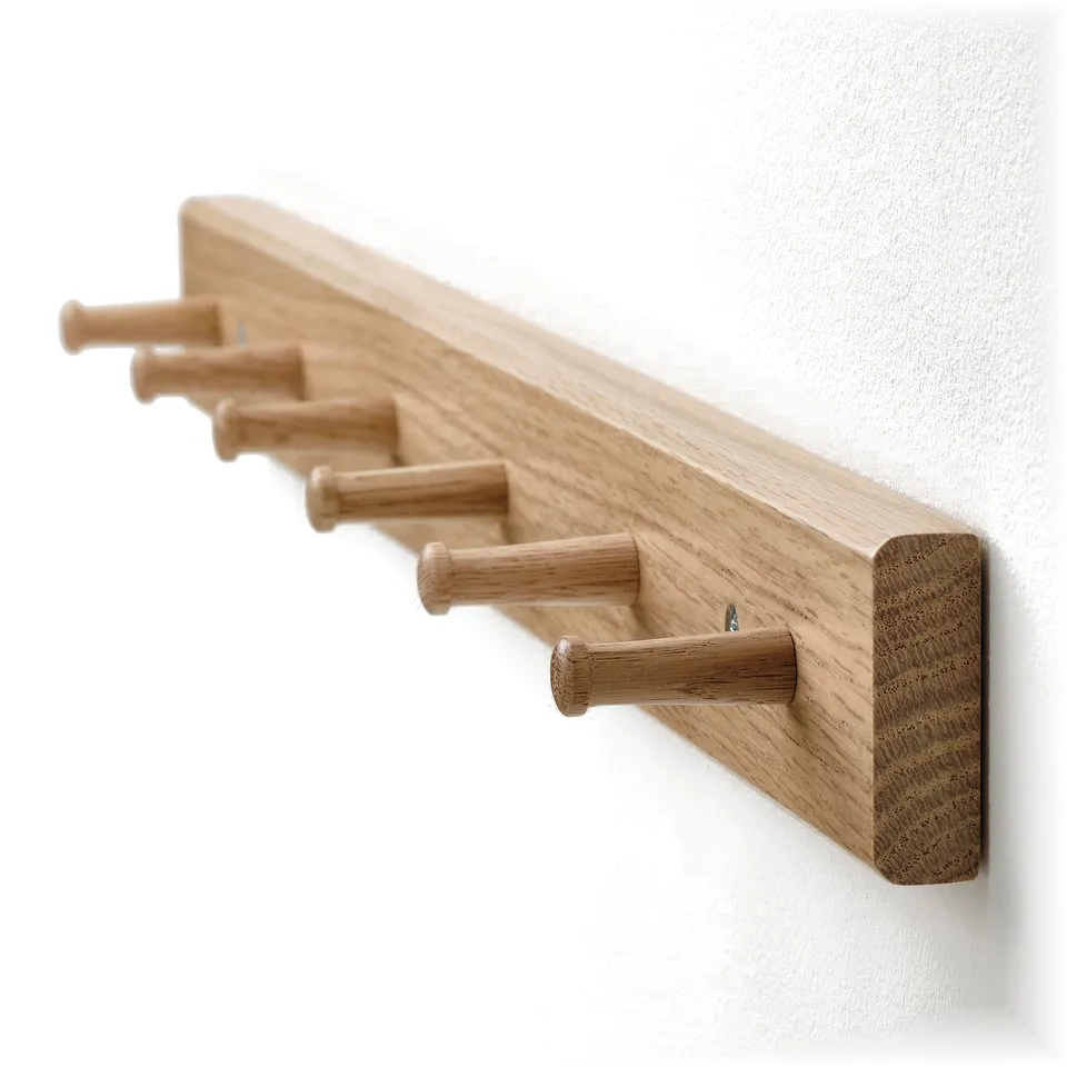 A wall-mounted wooden coat rack with six hooks, showcasing a smooth finish and natural wood grain texture.