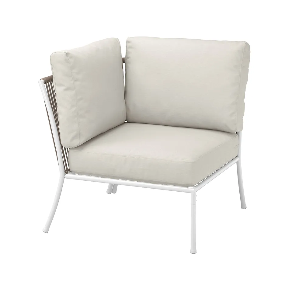 SEGERÖN outdoor chair in white with beige cushions, sleek modern design, made from steel and polyester.