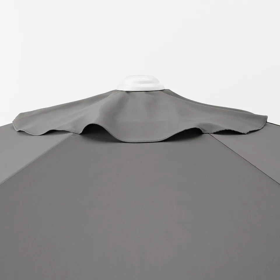 Parasol top view: durable, grey fabric with white cap, showing quality craftsmanship.