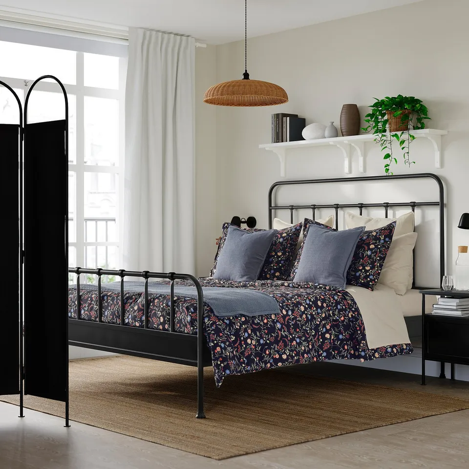 BRUDKRUSBÄR Comforter set, black/floral pattern, 240x220/50x80 cm