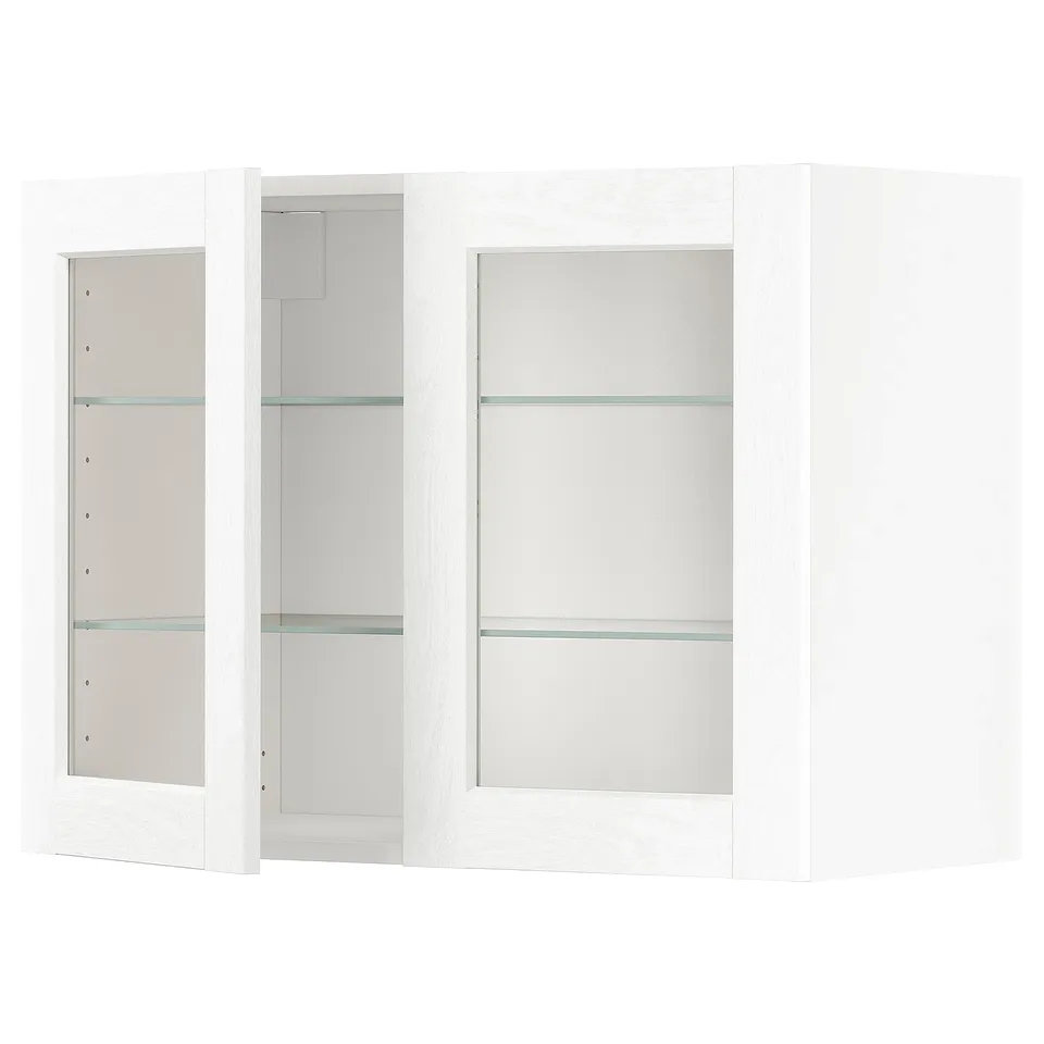 Its a white METOD kitchen cabinet with glass doors, featuring a modern design and adjustable shelves.