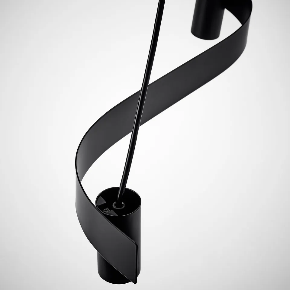 Spiral pendant lamp with sleek, modern design. Black metal with smooth curves and clean lines.