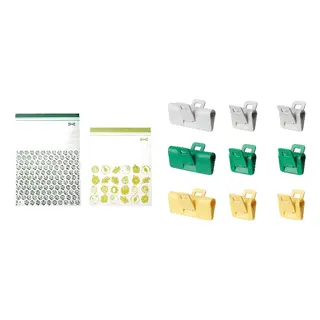 ISTAD/ÖRINGABBORRE set: resealable bag + sealing clip, set of 9, patterned/green + multicolour, 6/4.5 l