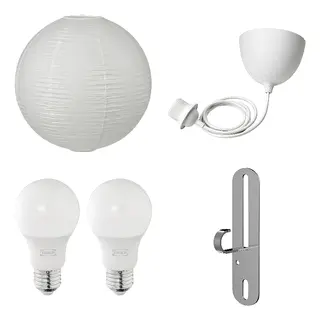 FÖRUT/GULLSUDARE/HAVSDJUP/SOLHETTA set: pendant lamp shade + cord set + LED bulb E27 470 lumen + pendant/ceiling lamp hook, white/handmade + white + globe opal white, 45 cm