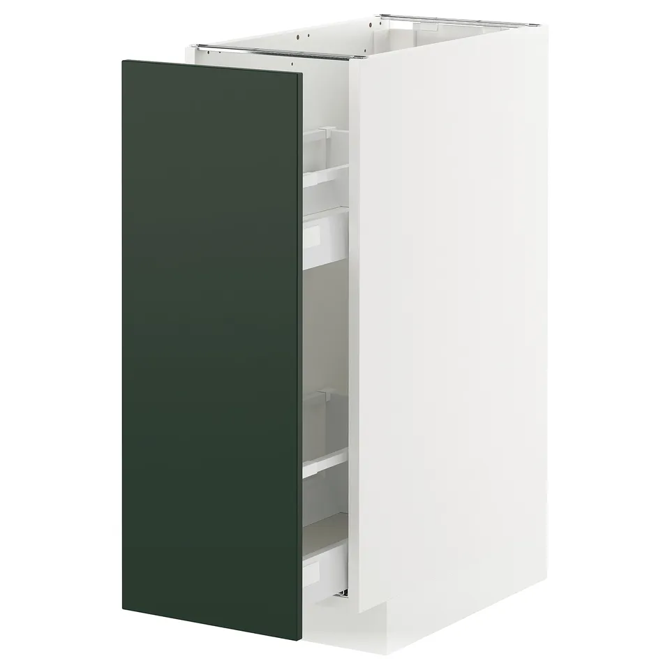 White and green METOD kitchen cabinet with pull-out shelves, rectangular shape, modern design.