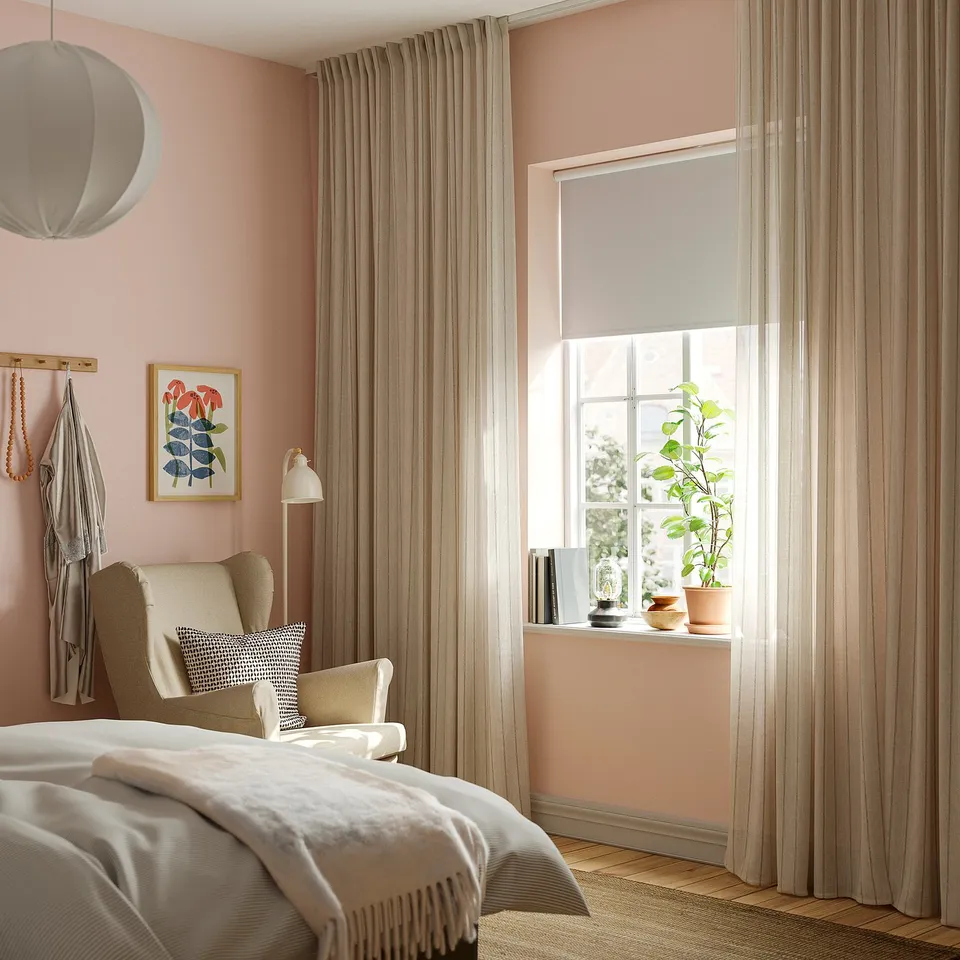 MAISTANGG Curtains, 1 pair, off-white dark grey/striped with heading tape, 145x300 cm