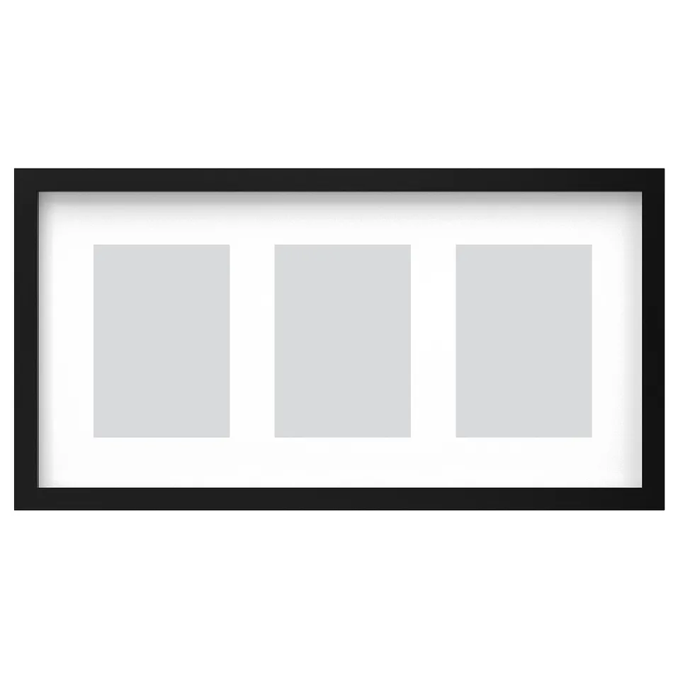 Black rectangular picture frame with three empty slots for photos, simple modern design.