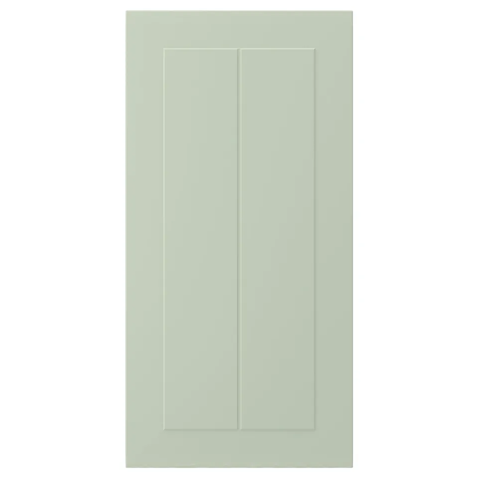 A STENSUND green cabinet door with grooved panels, made of fibreboard and polyurethane paint, rectangular in shape with a sleek design.