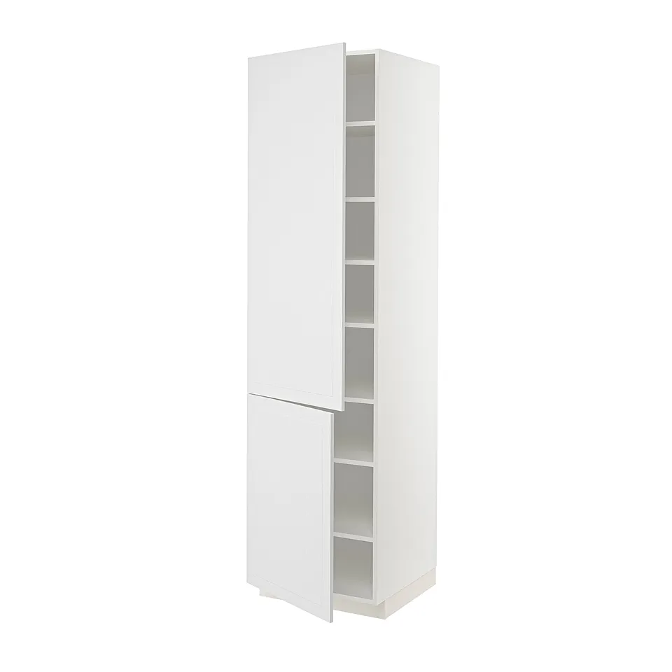 White METOD tall kitchen cabinet with three open shelves, modern design.