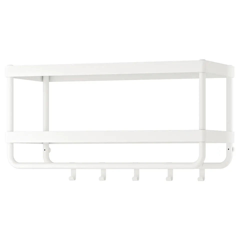 White MACKAPÄR wall shelf with hooks, steel and epoxy coating, rectangular shape.