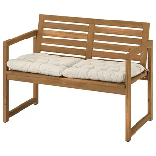 NÄMMARÖ bench with backrest and cushions, light brown stained/Kuddarna light grey-beige, Width 106 x Depth 62 x Height 78 cm