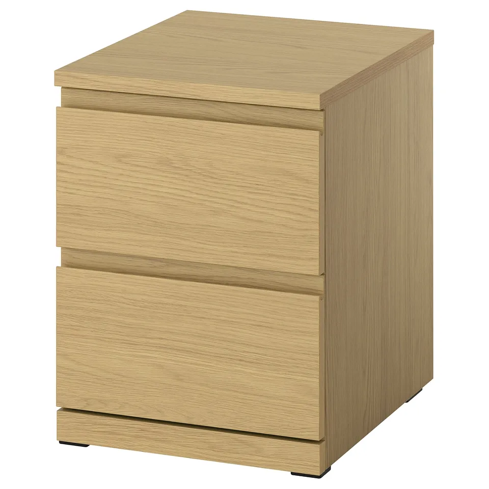 Modern wooden bedside table, light oak with two drawers, simple design.