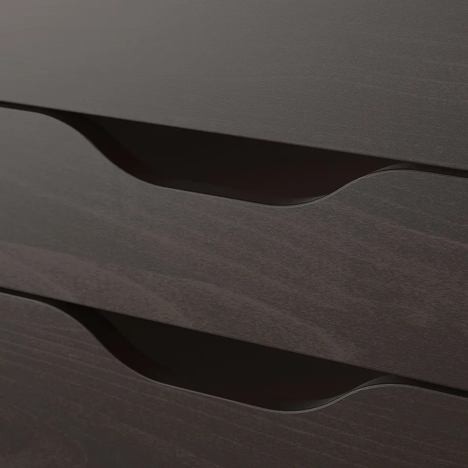 Modern desk with sleek, curved handles and evenly spaced drawer design, emphasising quality and storage.